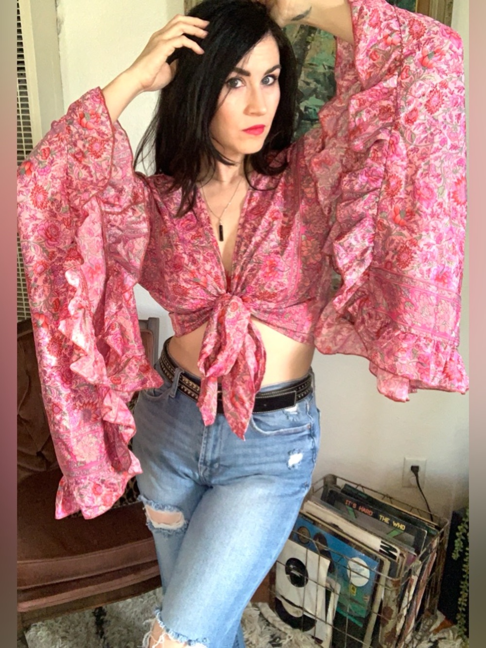 Emily in Wonderland Silk Boho Tie-Front Ruffle Bell Sleeve Crop Top